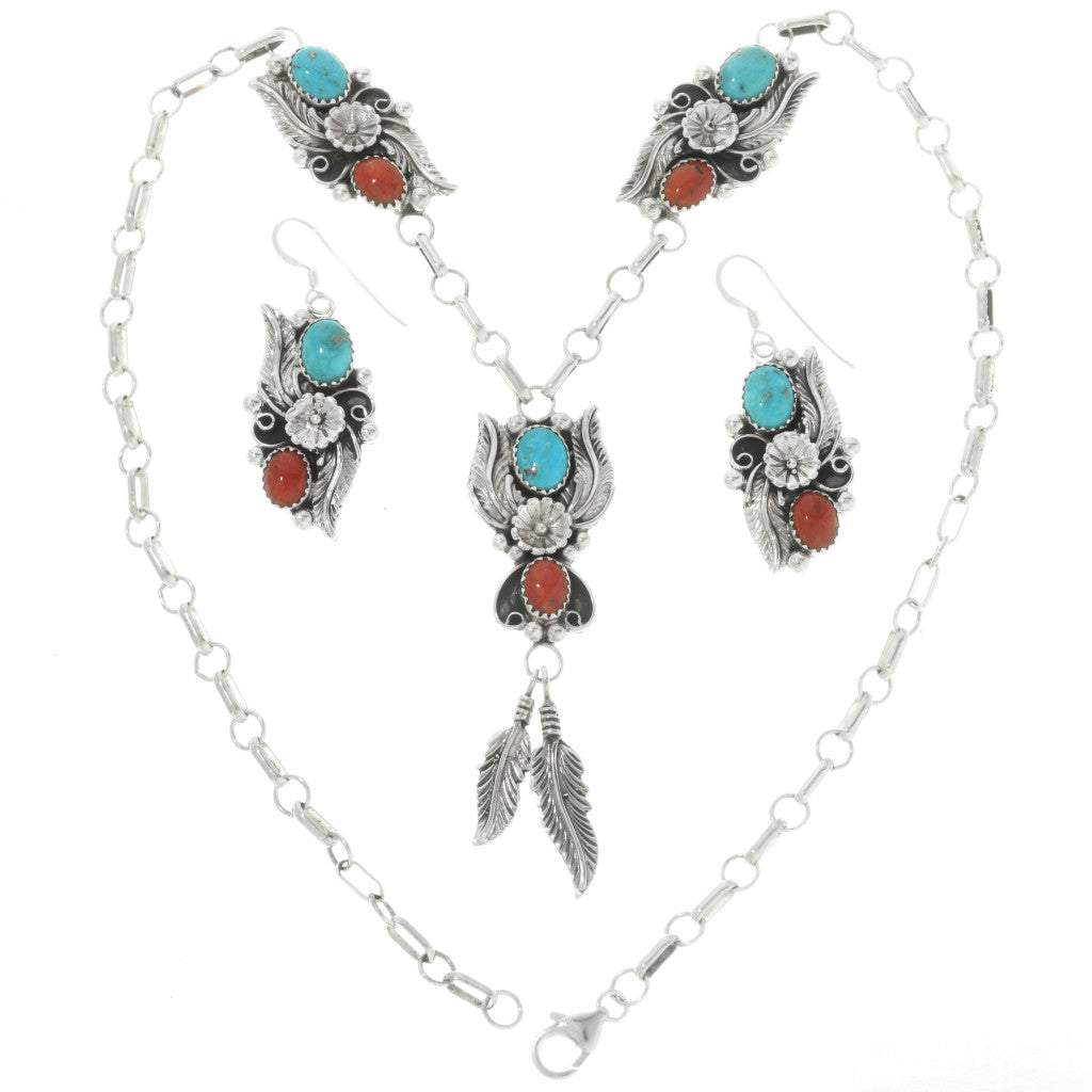 Sterling silver turquoise and coral jewelry set (0014-24776-NK_01__77467)