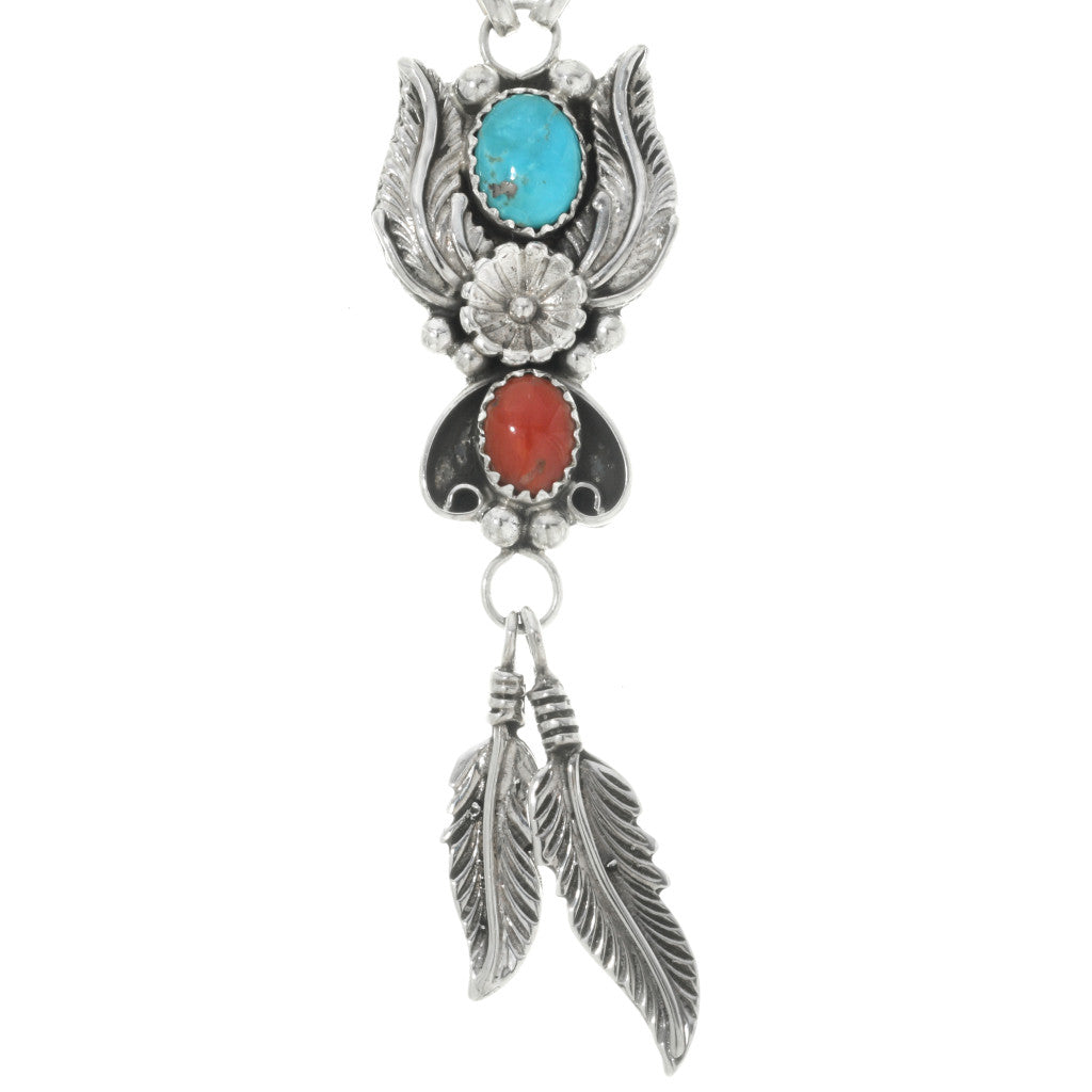 Turquoise & coral feather pendant necklace, 0014-24776-NK_03