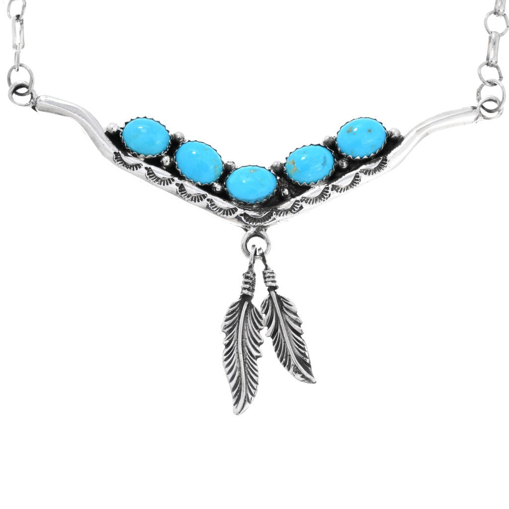 Navajo Turquoise Silver Feather Necklace