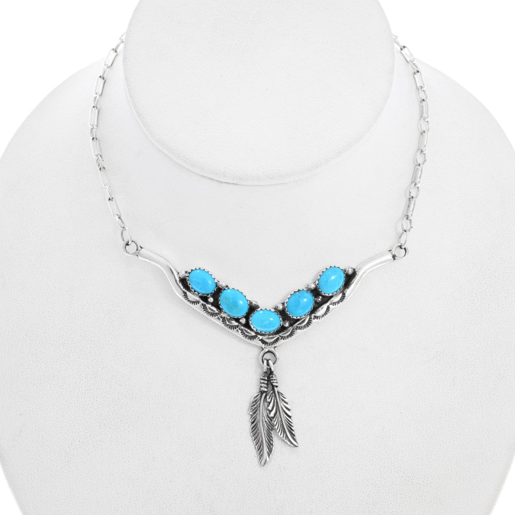 Navajo turquoise and silver feather necklace