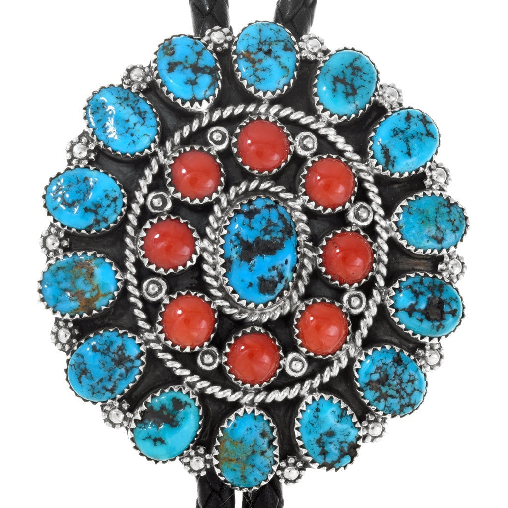 Navajo bolo tie with turquoise and coral