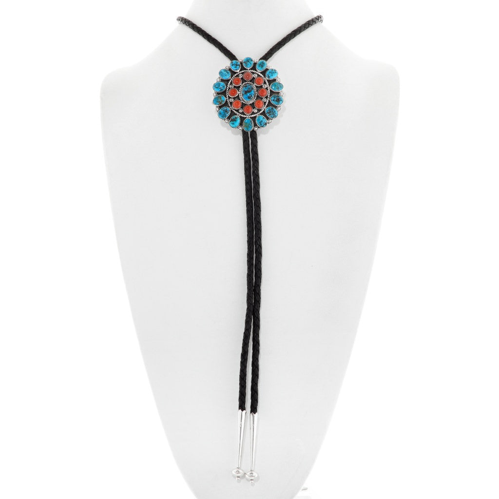 Navajo Turquoise Coral Silver Bolo Tie