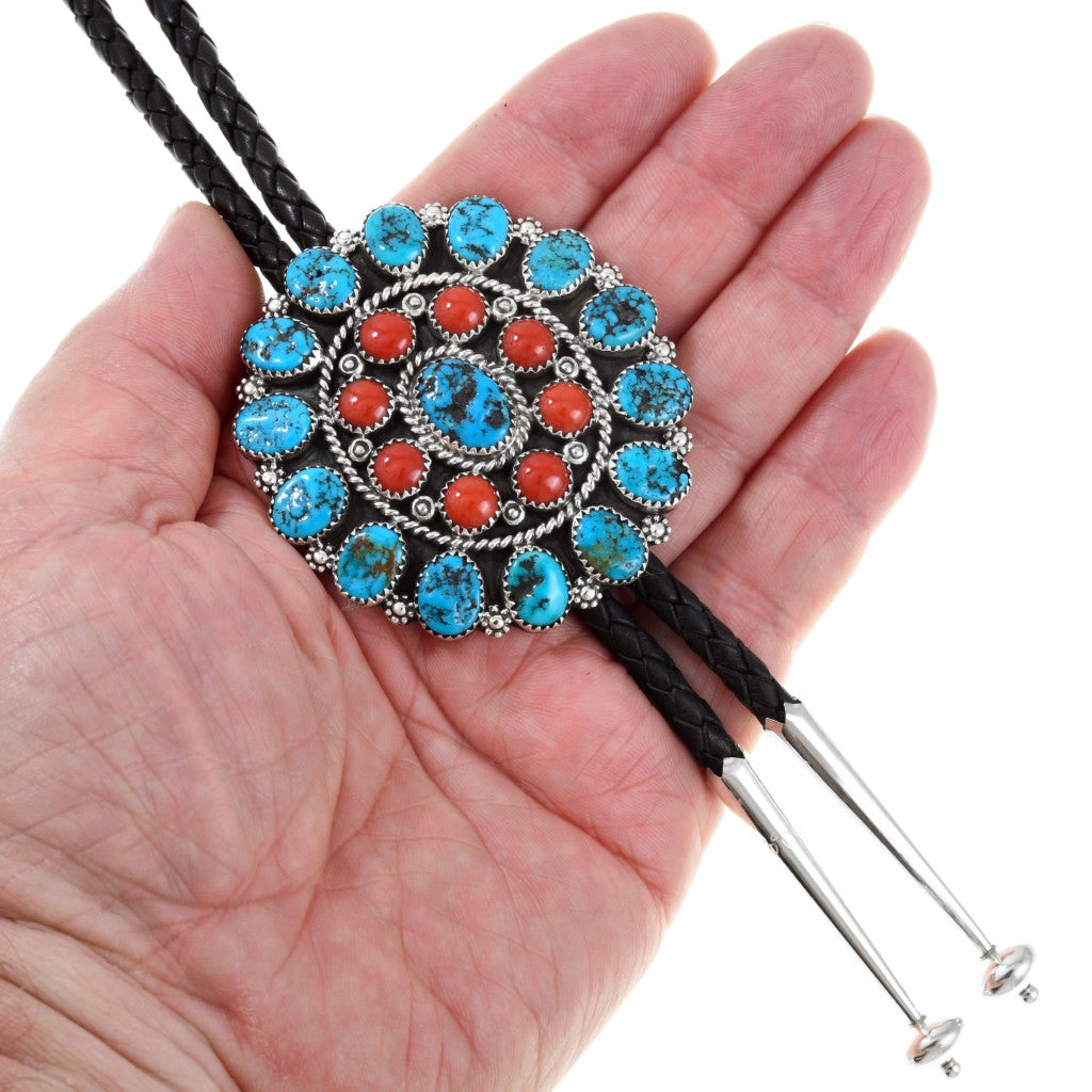Navajo Turquoise Coral Silver Bolo Tie