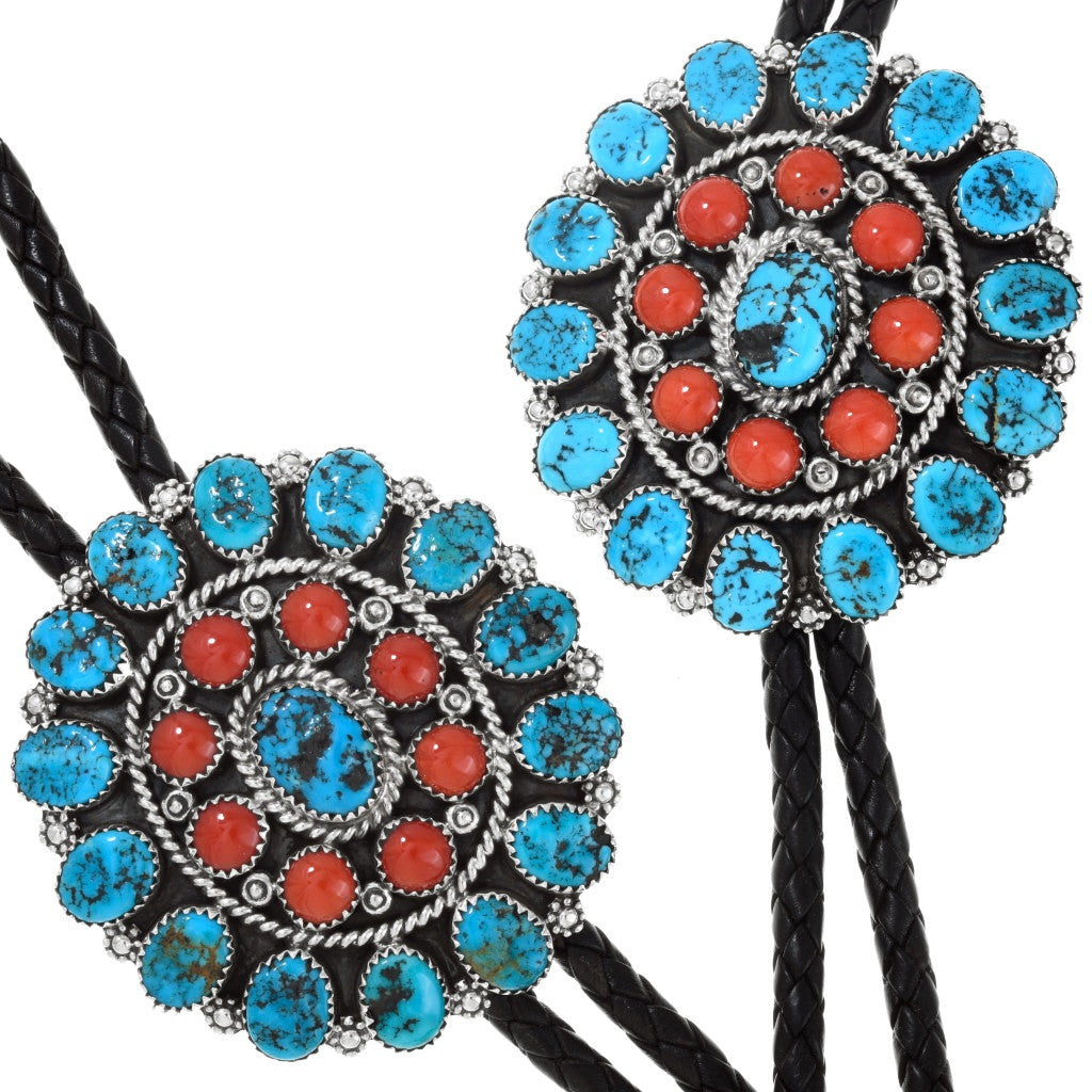 Navajo turquoise & coral bolo ties