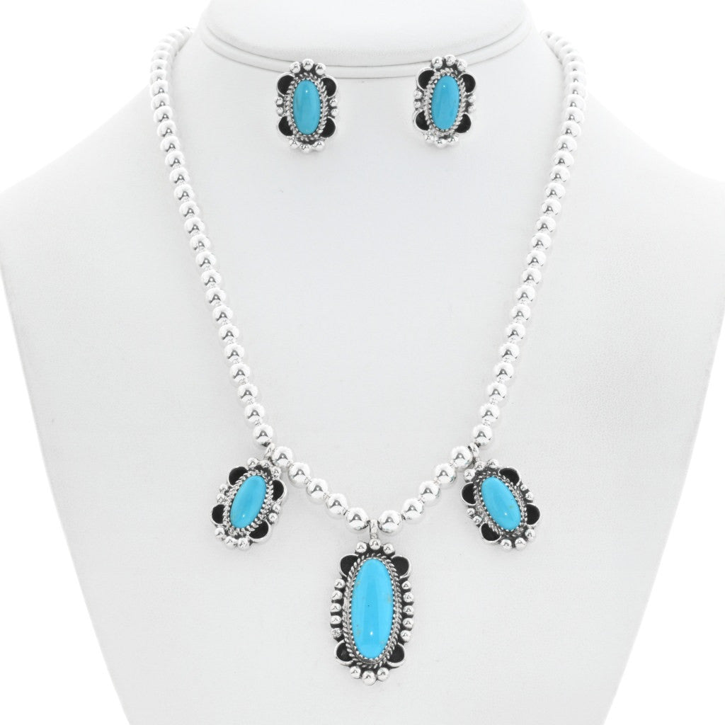 Turquoise & Silver Pendant Necklace and Earring Set