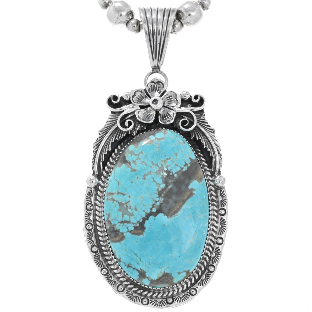 Navajo Number Eight Turquoise Floral Sterling Pendant