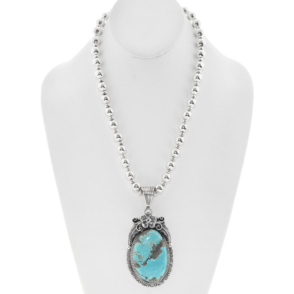 Navajo Number Eight Turquoise Floral Sterling Pendant Necklace