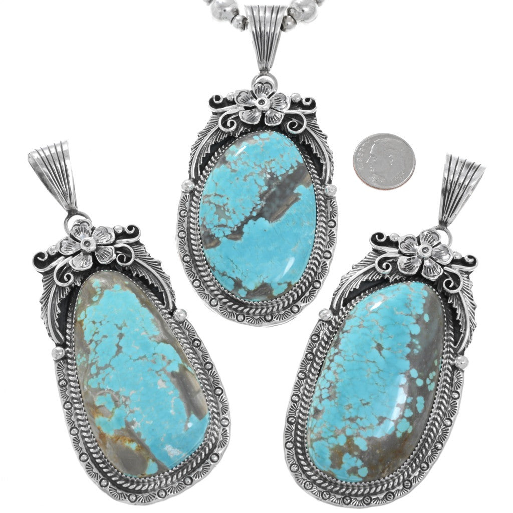 Navajo Number Eight Turquoise Floral Sterling Pendants