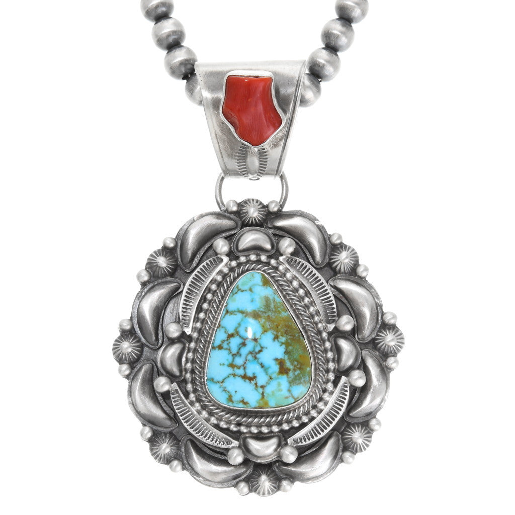 Navajo turquoise coral silver pendant necklace