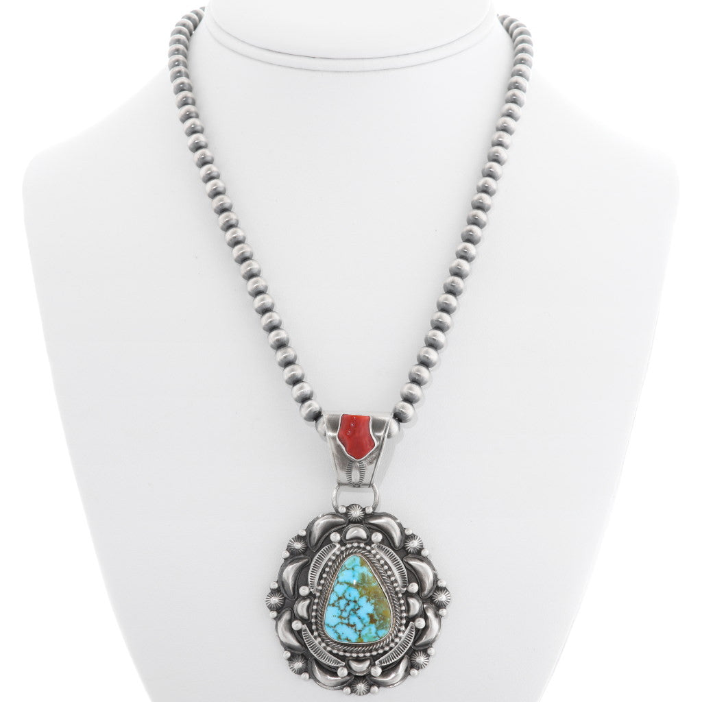 Navajo Turquoise Coral Silver Pendant Necklace