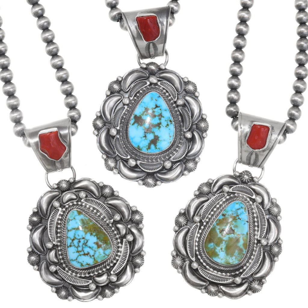 Navajo Turquoise Coral Silver Pendant Necklace