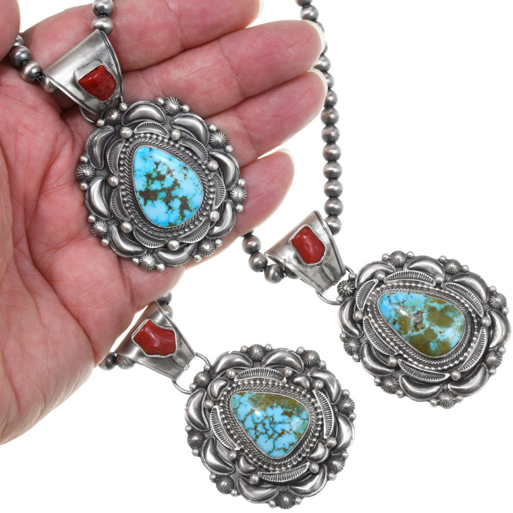Navajo Turquoise Coral Silver Pendant Necklace