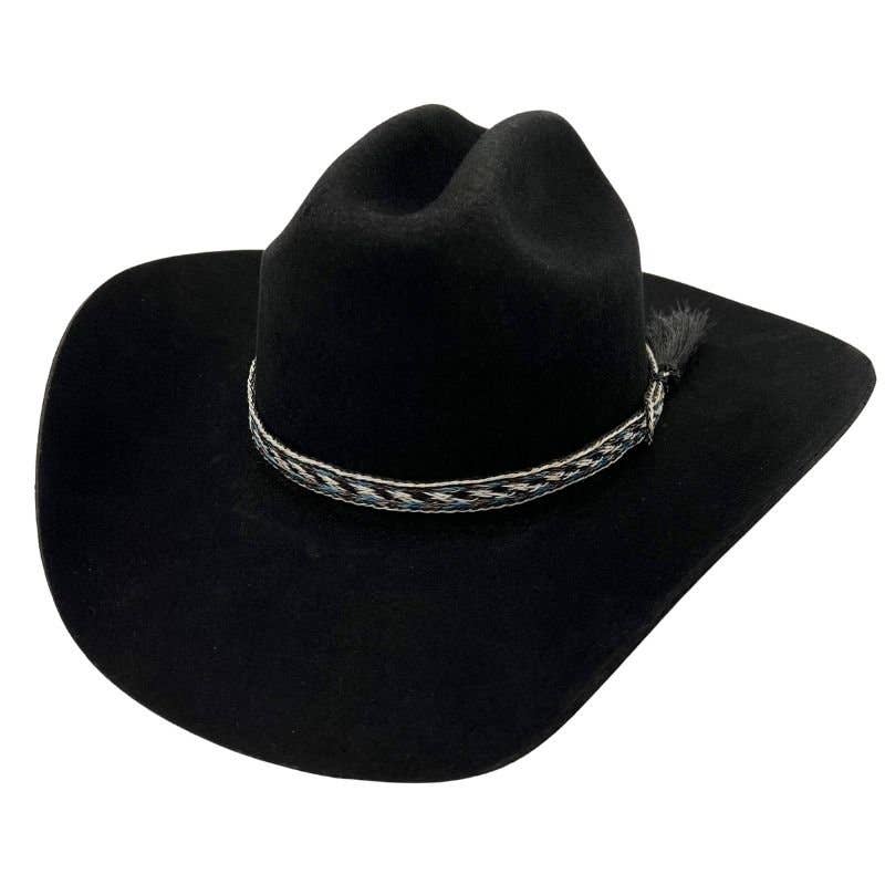 Black cowboy hat with decorative band.