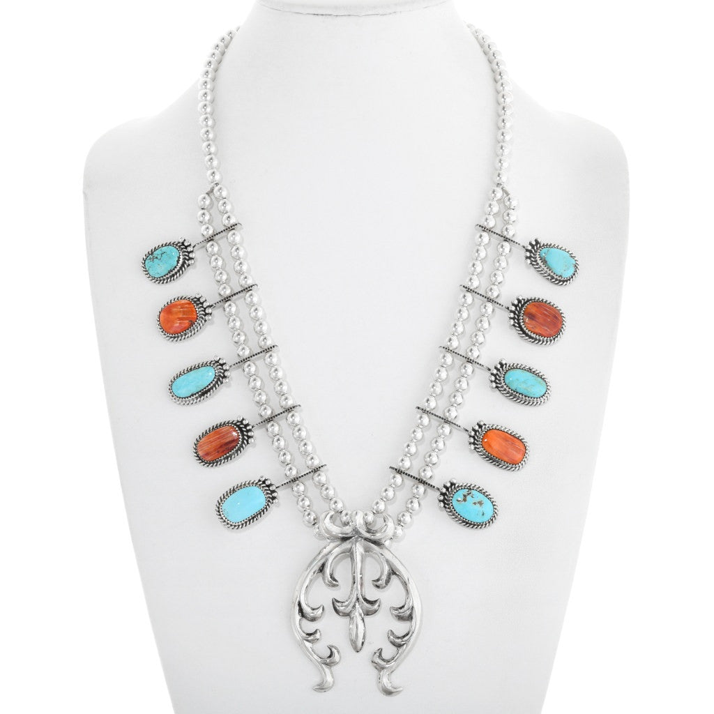 Navajo Turquoise & Spiny Oyster Squash Blossom Necklace