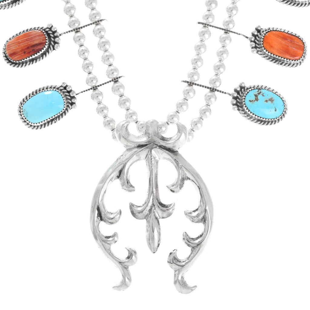 Navajo Turquoise & Spiny Oyster Squash Blossom Necklace