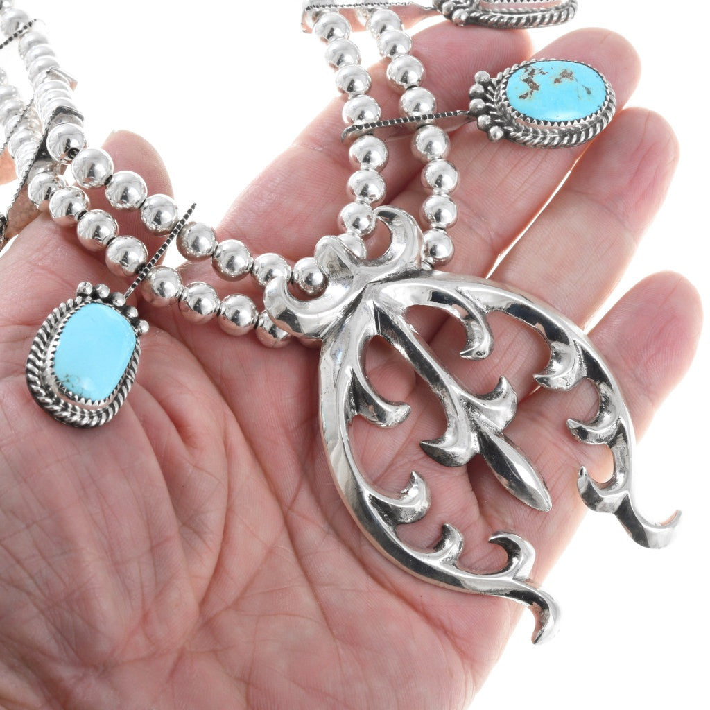 Navajo turquoise and spiny oyster squash blossom necklace