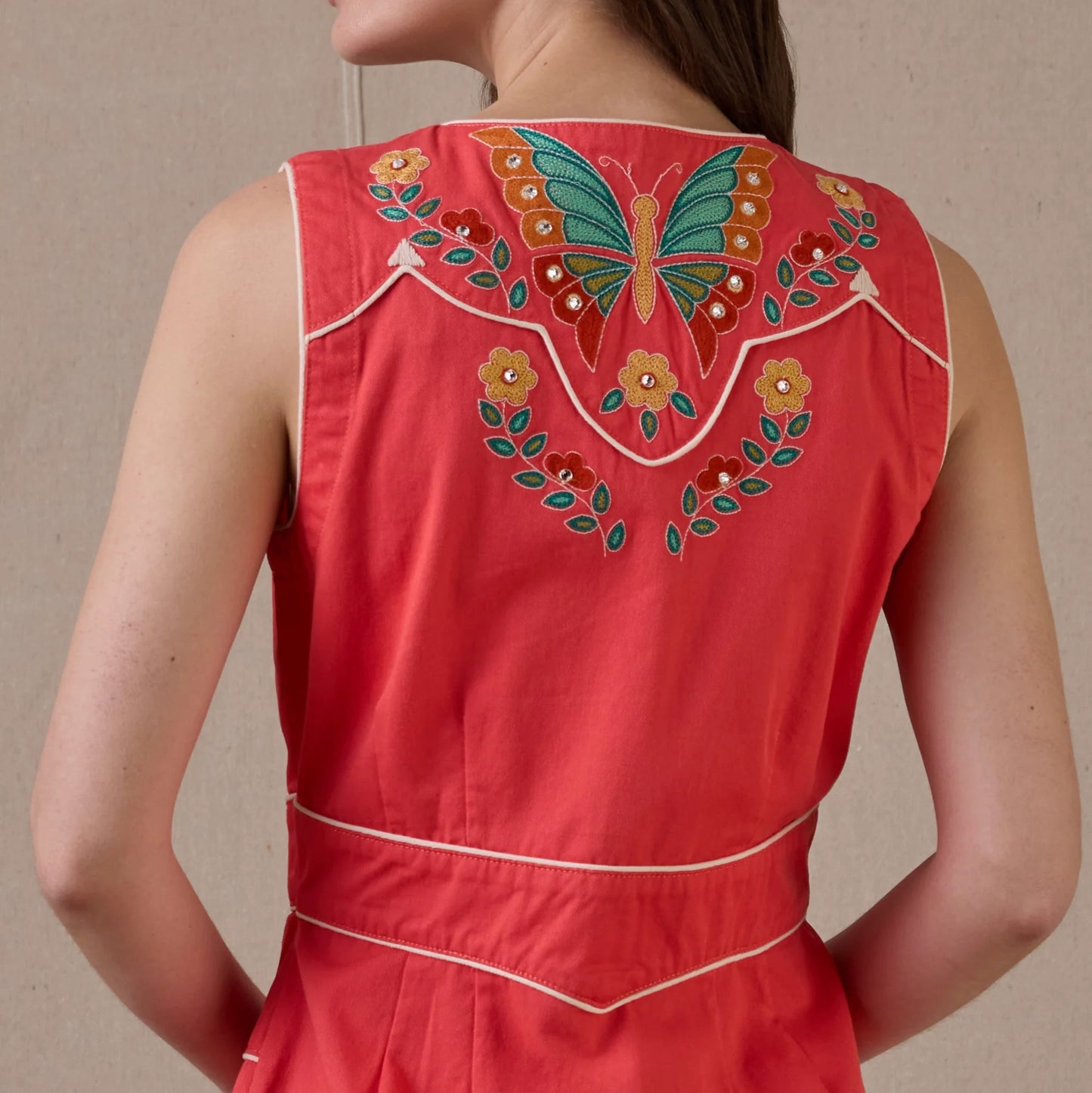 Red In The Wings Dress with butterfly embroidery