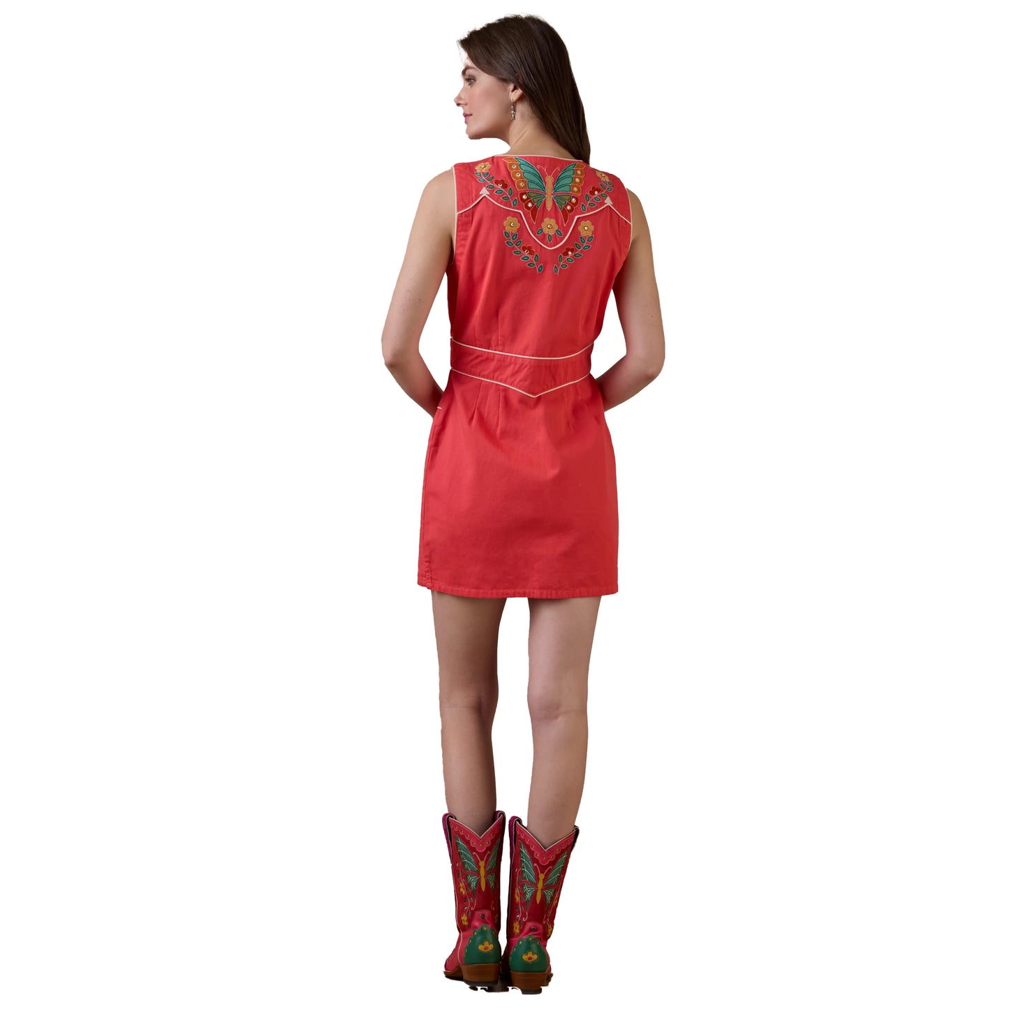 In The Wings Dress, red dress with embroidery and boots