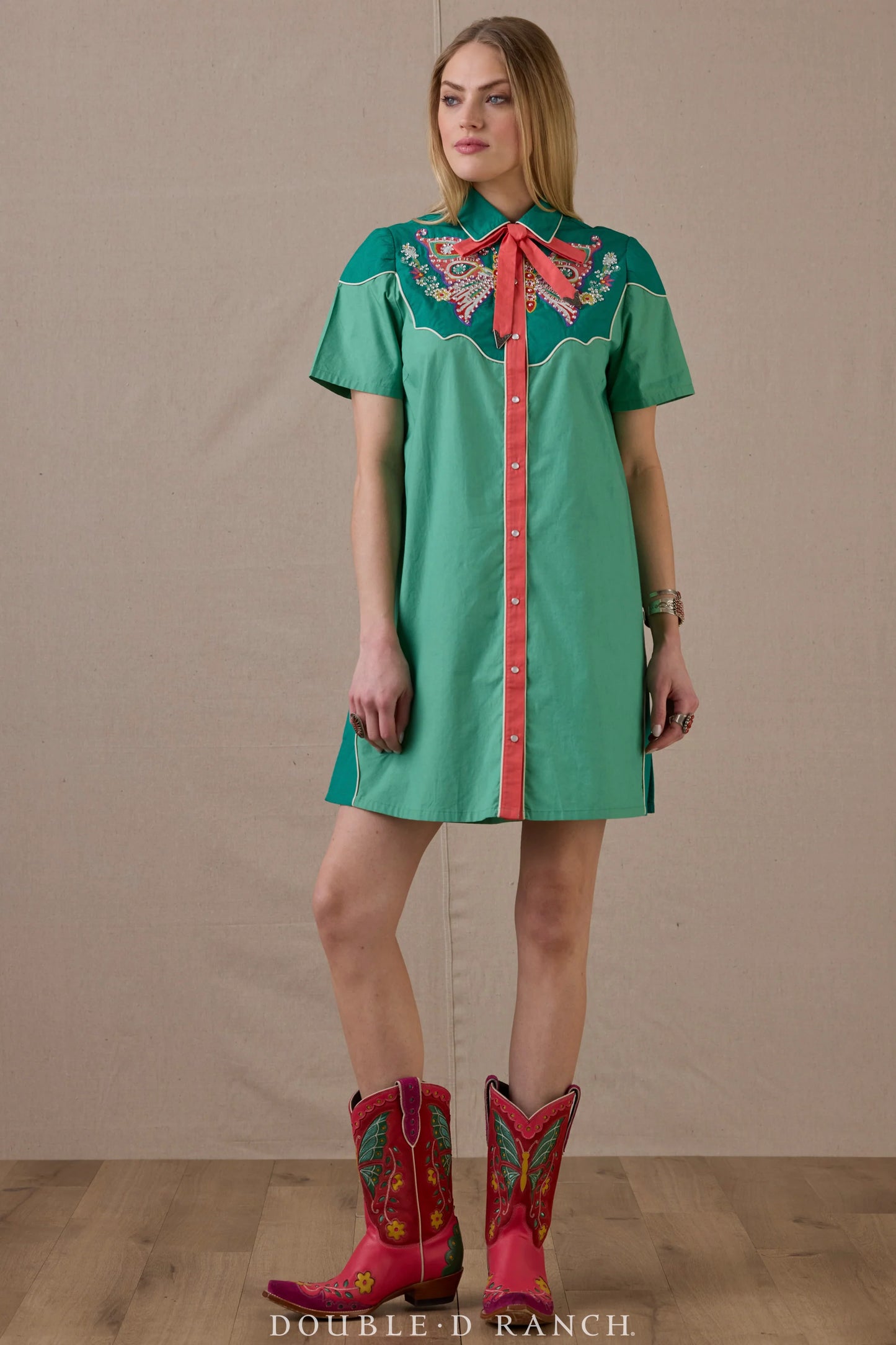 Just Wing It Dress, green, short sleeve, floral embroidery