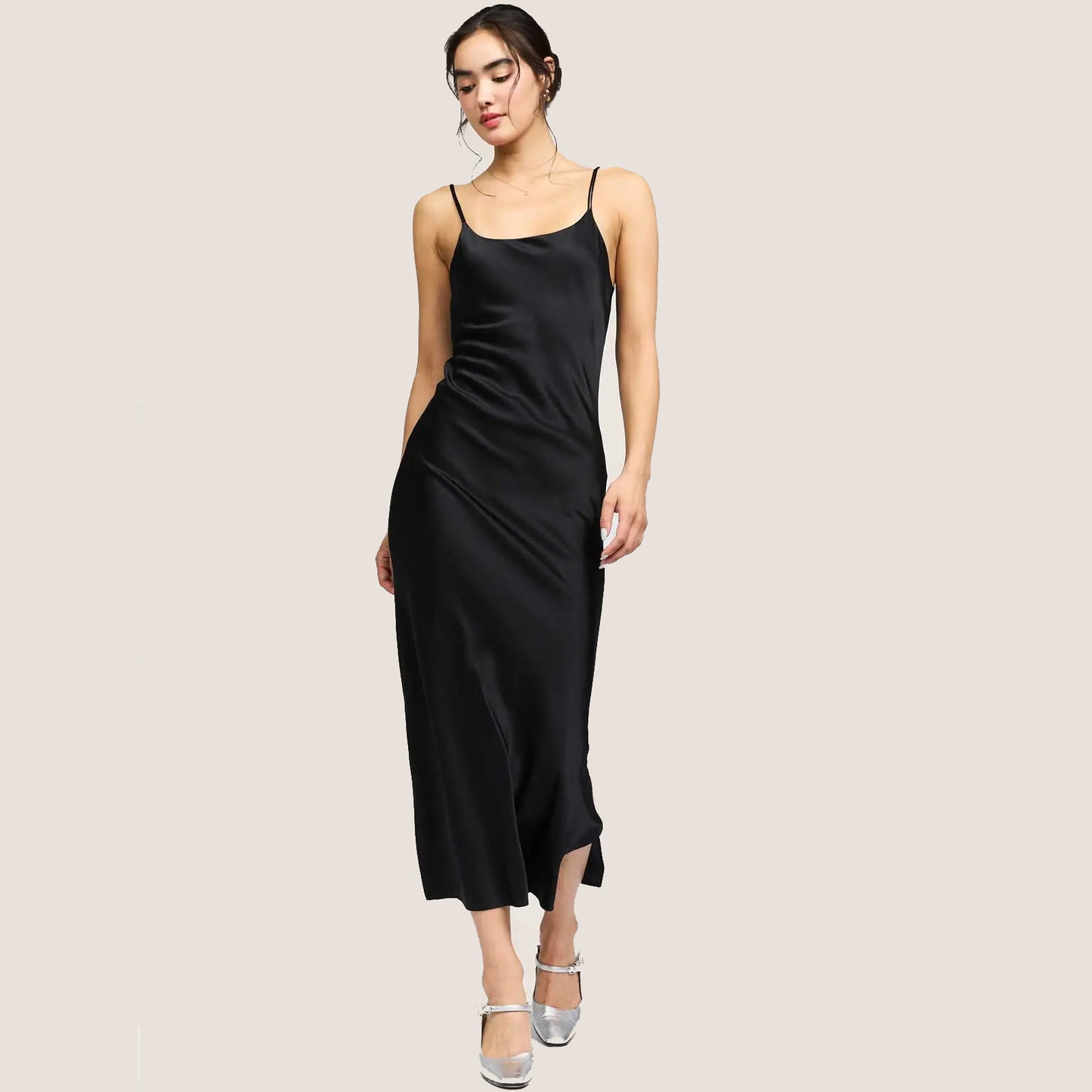 Black Silk Cami Midi Slip Dress