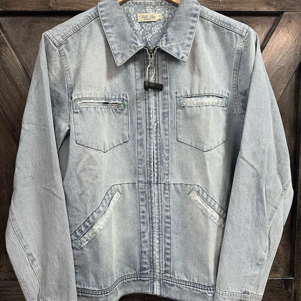 Light blue denim jacket with zipper.