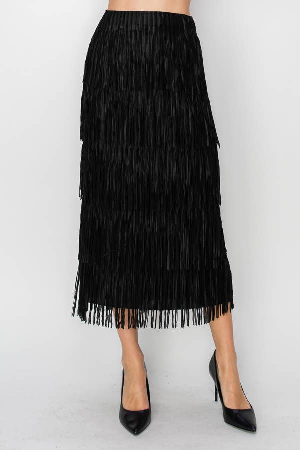 Layered Fringe Tiered Maxi Skirt in Black
