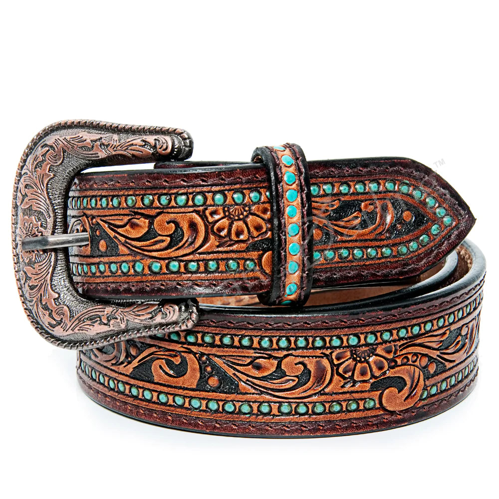 Embossed leather belt with turquoise accents (118585-y)