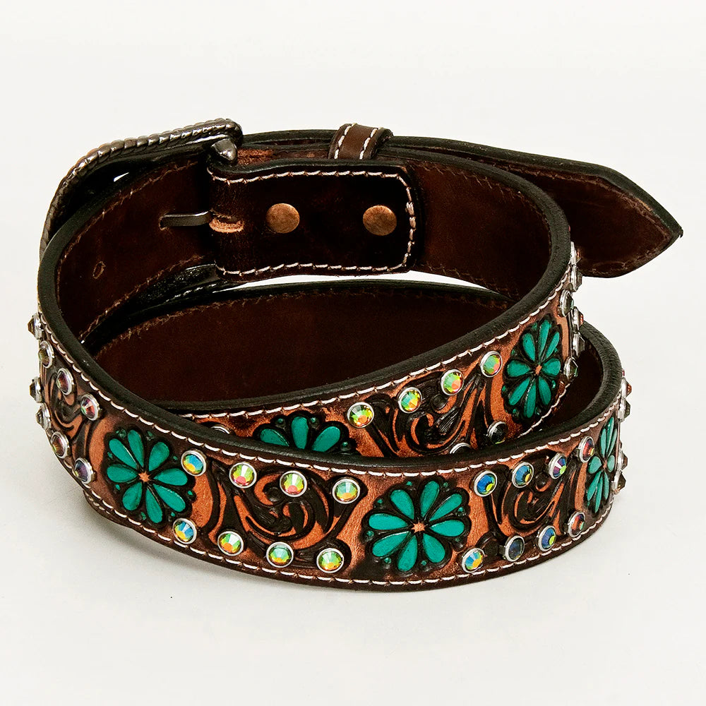 Brown leather belt with turquoise floral design