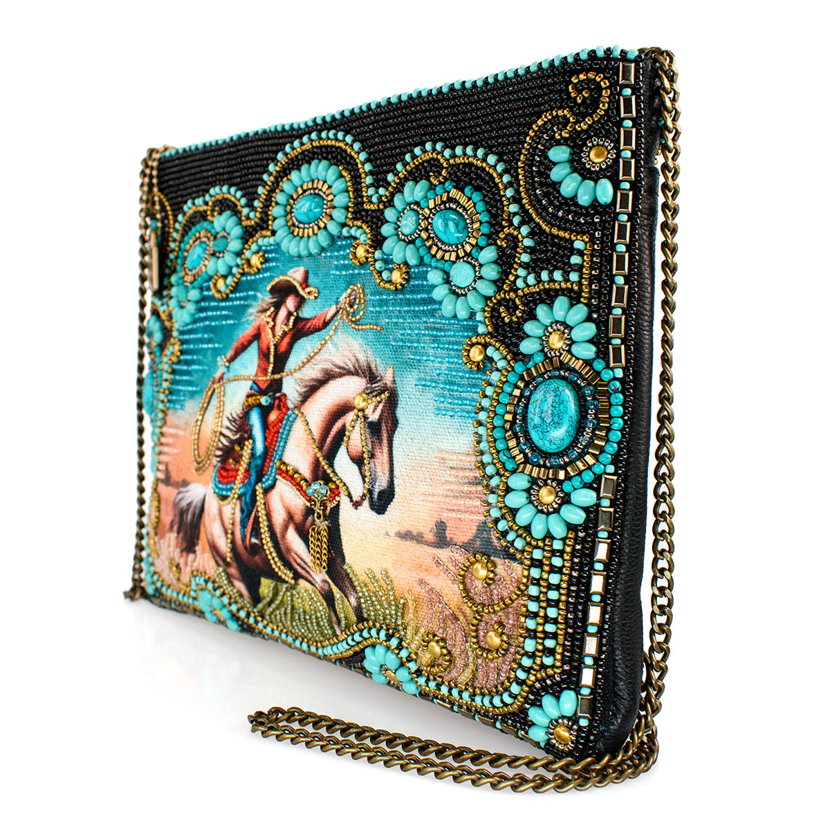 Beaded purse with cowboy scene.