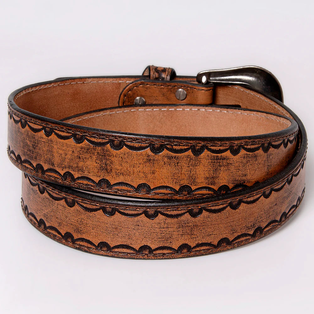 Brown leather belt with carved design (133508)