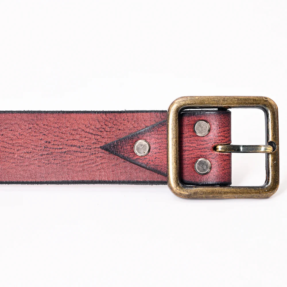 Red leather belt with brass buckle