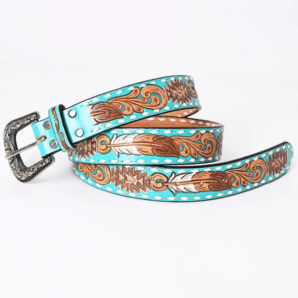 Turquoise leather belt with feather design - 140742-g