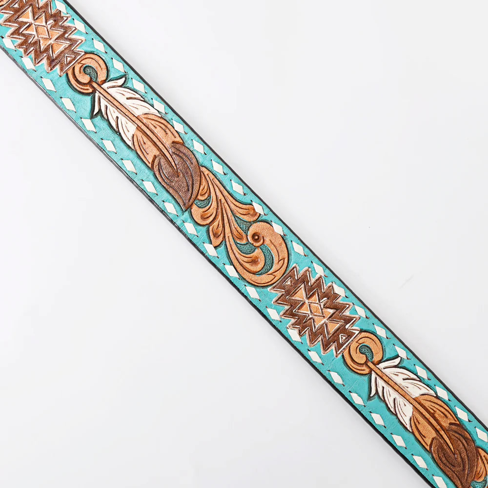 Turquoise & brown feather belt detail (140742)