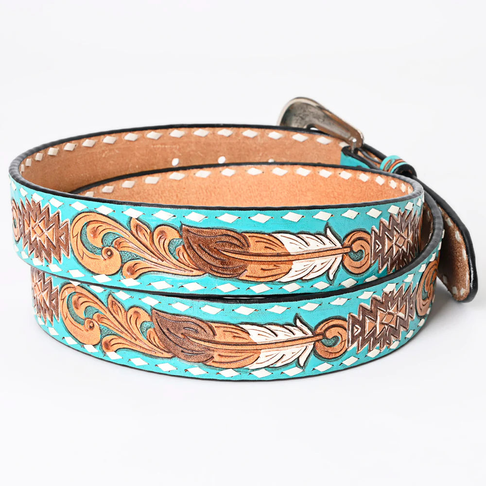 Turquoise leather belt with feather design - 140742