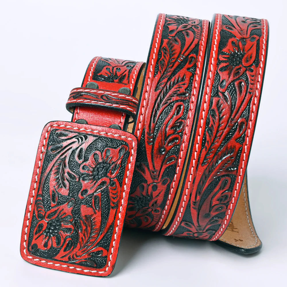 Red leather floral tooled belt