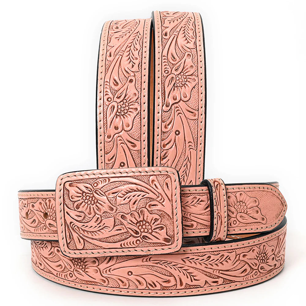 Pink floral tooled leather belt