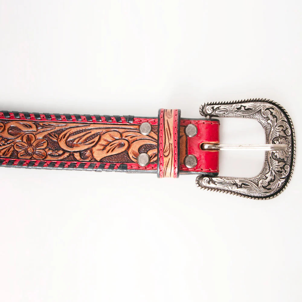 Leather belt 143700-i with floral tooling and decorative buckle