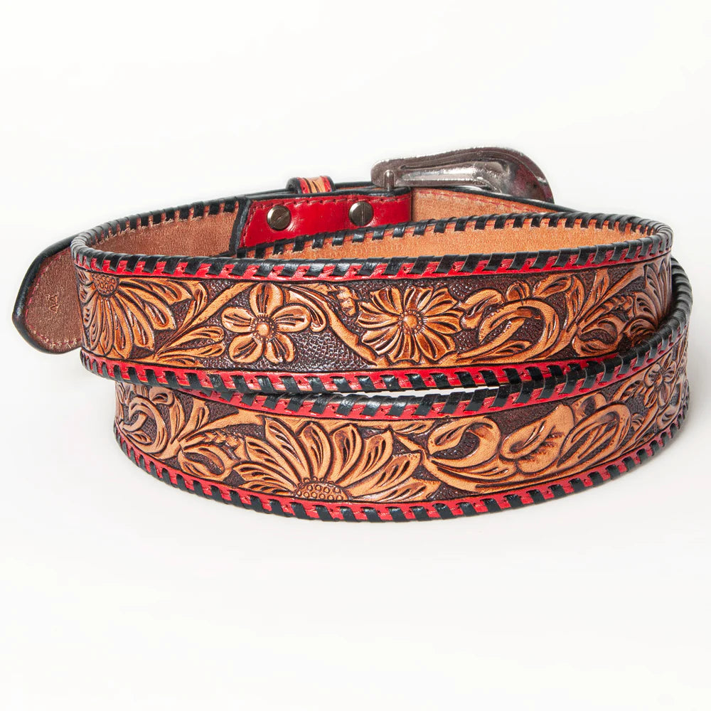 Floral tooled leather belt - 143700