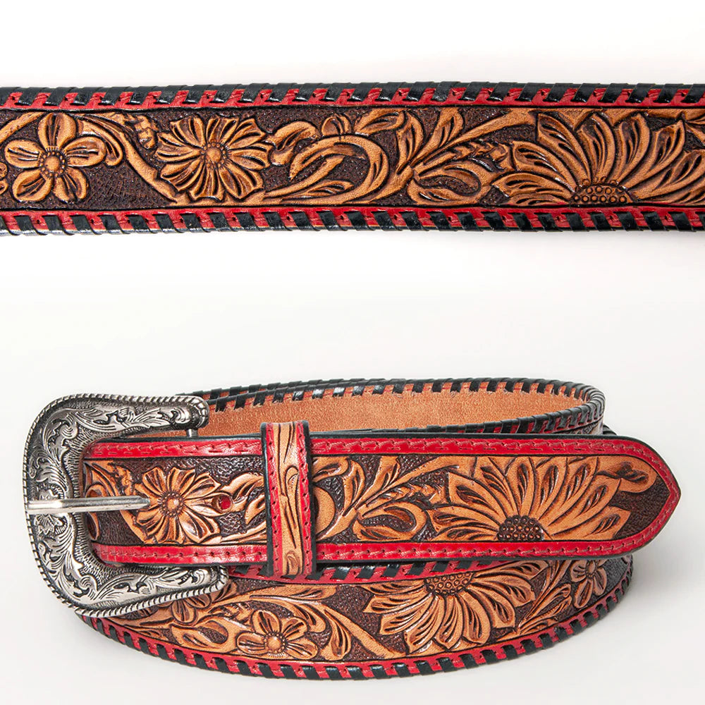 Tooled leather belt with floral design