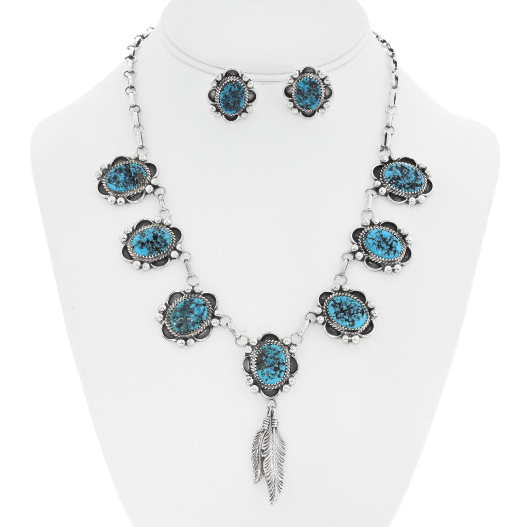 Silver Navajo necklace & earrings with Kingman turquoise