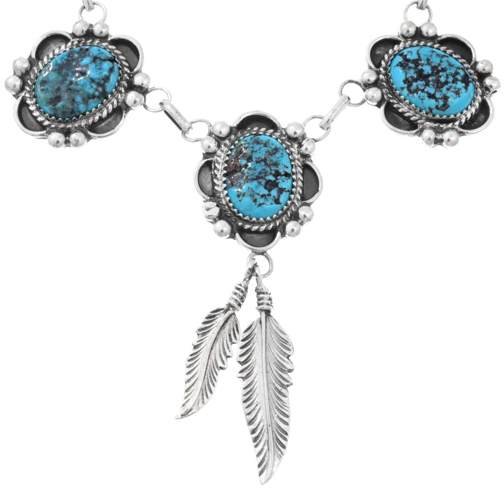 Silver feather Navajo necklace with Kingman turquoise