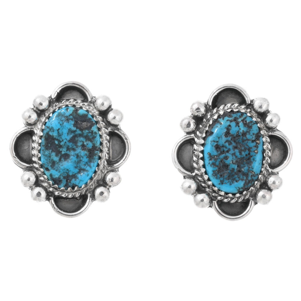 Navajo Kingman turquoise earrings, silver feather design