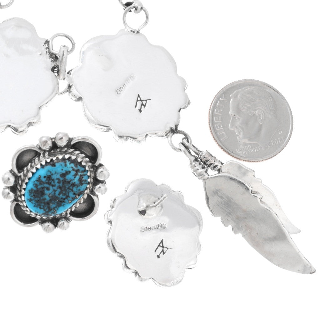 Silver feather Navajo necklace with Kingman turquoise earrings