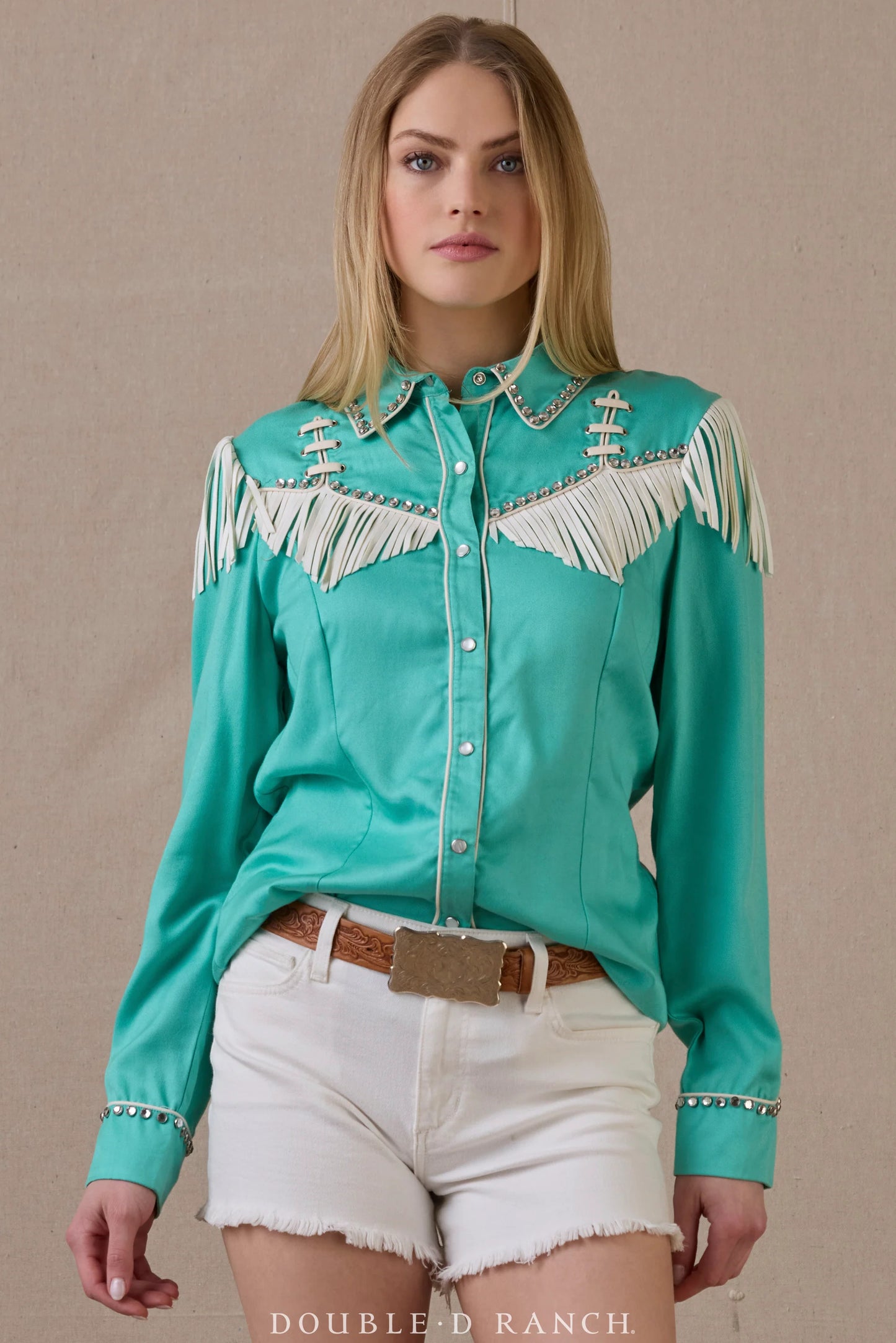 Turquoise fringe top from 18 Rodeos and Rhinestones collection.