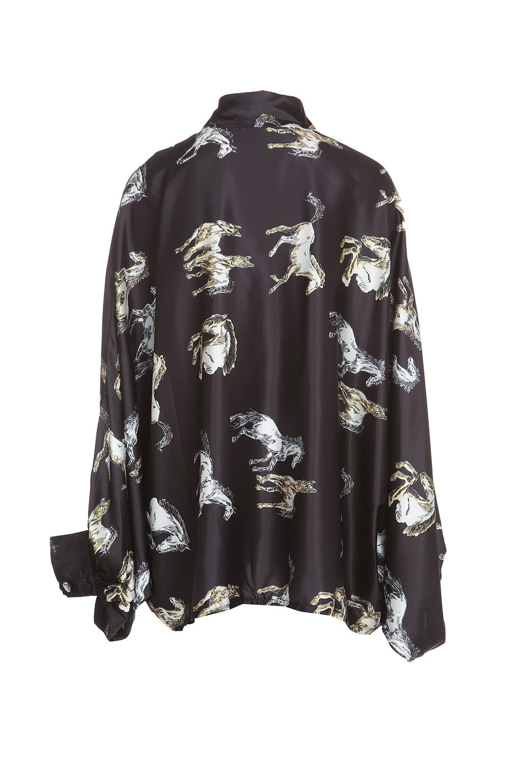 Black shirt with white animal print.