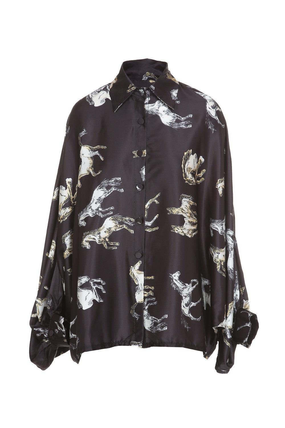 Black shirt with white horse print.