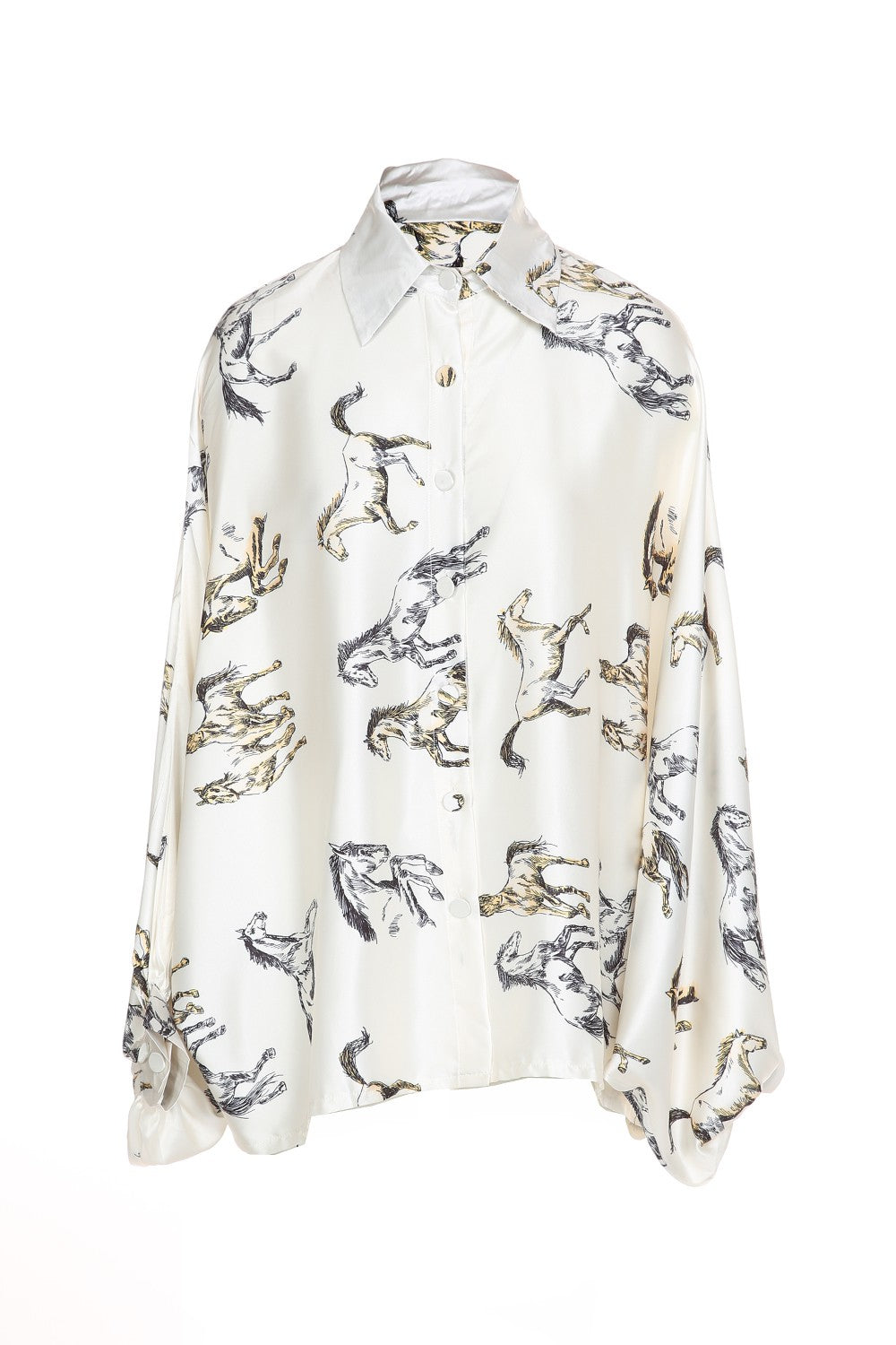 White button-down shirt with horse print.