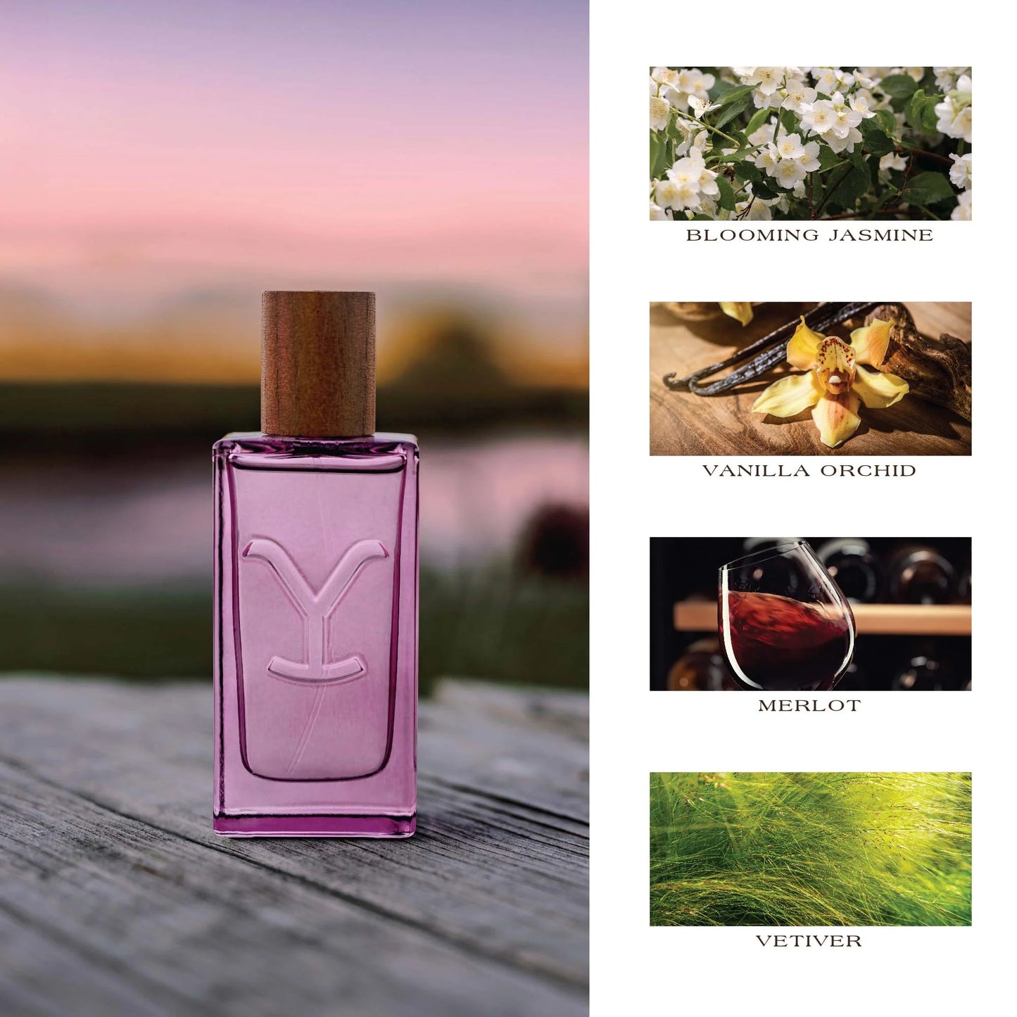 pink bottle with jasmine, vanilla, merlot, and vetiver