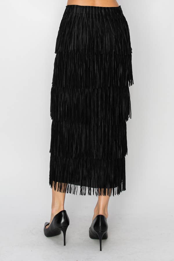 Layered Fringe Tiered Maxi Skirt in Black
