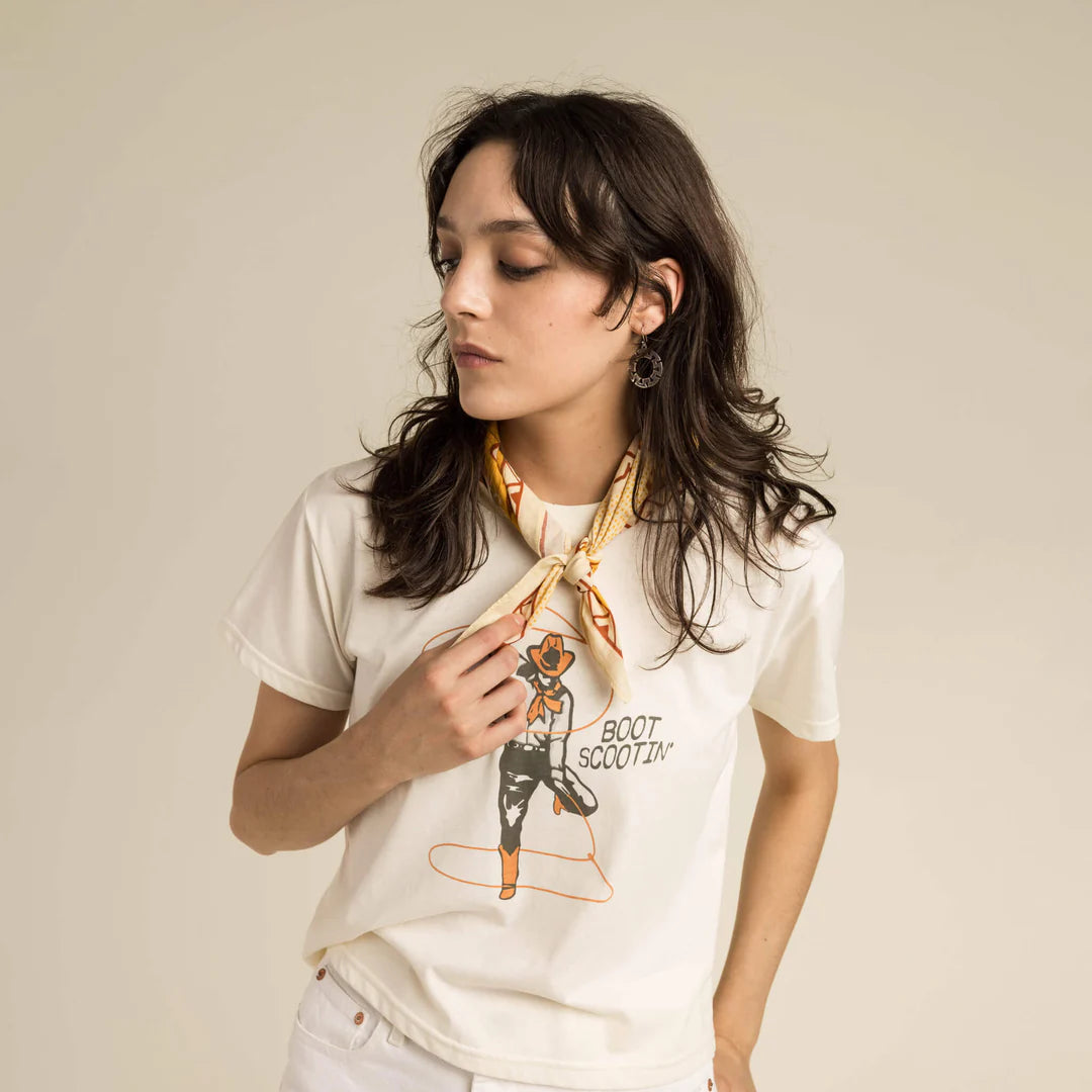 FW23 Studio Model wearing Boot Scootin' graphic tee